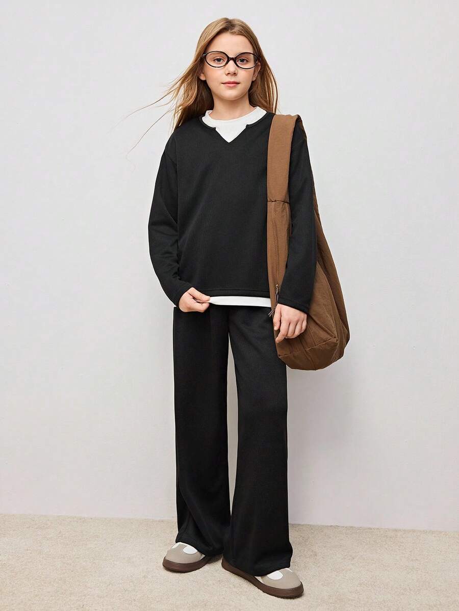 Ensemble 2 en 1 pour préadolescentes avec sweat-shirt à manches longues bicolore et pantalon de couleur unie