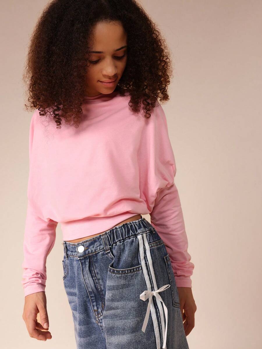 SUMWON Cinched Waist Long Sleeve Crop Top Casual Pullover Sweatshirt - Pink - View 1