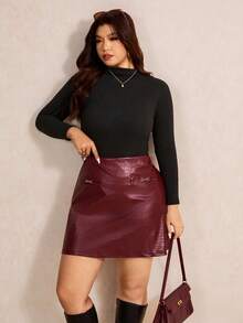 Elaquor Plus Size Autumn/Winter Casual & Office Chic PU Burgundy A-Line Mini Skirt For Women - Red - View 5