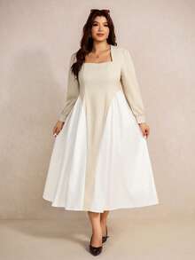 Elaquor Plus Size Elegant Minimalist Fashion Patchwork Ruched Square Neck Midi Dress For Women