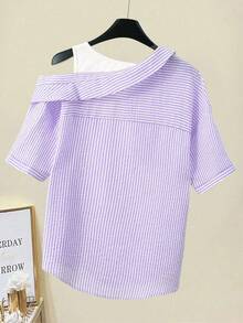 SHEIN LUNE 女式休闲条纹插肩短袖纹理蓝白衬衫，夏季 - 紫色 - 查看 2