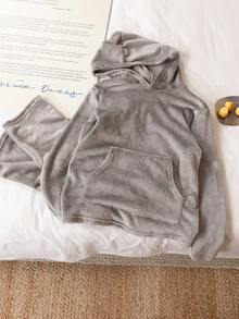 Bộ 2 quần và áo hoodie nhung trơn màu đơn sắc cho bé trai tuổi teen, đồ mặc nhà thoải mái - Màu Xám nhạt - Xem 3