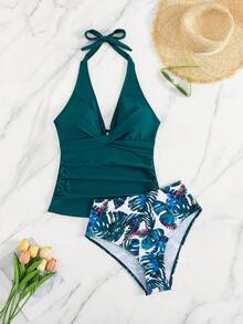 Swim Lushoire 女士吊带比基尼，沙滩度假热带植物印花，适合夏季沙滩度假，挂脖式吊带泳衣，蓝绿色泳衣，聚拢泳装上衣，聚拢吊带泳衣，蓝绿色吊带泳衣，女士泳衣，吊带泳衣，收腹泳衣 - 水鴨藍 - 查看 9