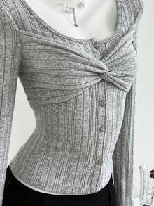 Elamini 1 件女士灰色罗纹扭结纽扣长袖 T 恤，秋冬休闲通勤装 - 淺灰色 - 查看 5