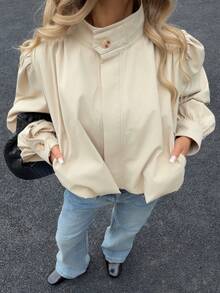 Siren Gaze Women's Pleated Shoulder Padded Button Jacket, Lantern Sleeve Short 2025 Fashion Versatile Windbreaker, Casual Retro Chic Street Style Outerwear Puff Sleeve Blouse Cream Blouse Long Sleeve Blouses Modest Blouse Lantern Sleeve Blouse - Khaki - View 3