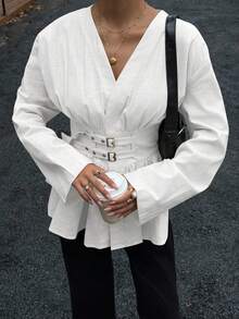 Siren Gaze 双排扣双收腰收腰长袖衬衫，柔软亲肤，适合工作或度假 - 白色 - 查看 5