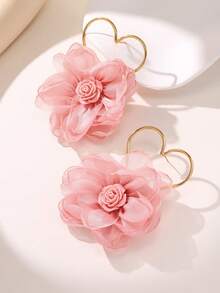 Enchnt 1 Cặp Bông tai vải hình trái tim rỗng và hoa dành cho nữ - Màu Hồng baby - Xem 1