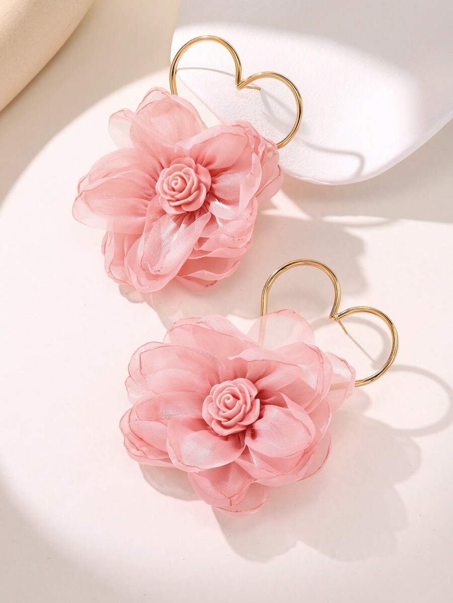 Enchnt 1 Cặp Bông tai vải hình trái tim rỗng và hoa dành cho nữ - Màu Hồng baby - Xem 1