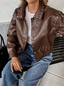 SHEIN Unity Women's Vintage Leather Jacket With Rivet Design, Short Style - Brown - View 3