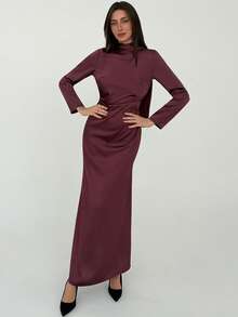 Aloruh Women's Backless Ruched Waist Fishtail Maxi Dress, Autumn/Winter Burgundy - Burgundy - View 5