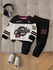 SHEIN Playful Pals 1 套年轻男孩休闲时尚运动风格“California 23”字母图案长袖圆领运动衫和运动裤套装，适合外出、运动和上学，秋冬季 - 彩色 - 查看 3
