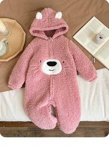 SHEIN Babygirl 蓬松粉色连帽连体裤，秋冬 - 粉色 - 查看 3