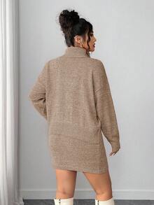 Elenzga Bộ đồ 2 món cỡ lớn cho nữ, áo len cổ lọ tay dài màu trơn rộng rãi và váy len siêu ngắn gợi cảm, phong cách Hàn Quốc giản dị và ngọt ngào - Màu Khaki - Xem 2