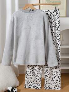 Girls Plush Panda Embroidered Sweatshirt & Leopard Print Plush Thick Comfortable Long Pants Pajama Set - Multicolor - View 2