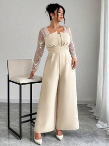 Elenzga Bộ đồ liền thân tay dài xếp ly ống rộng thêu hoa cỡ lớn thu đông dành cho nữ, thích hợp cho tiệc trà chiều, thời trang đường phố, trang phục hẹn hò - Màu be - Xem 4