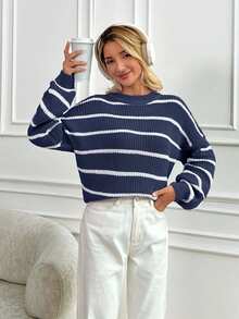 EURMUSE Pulover casual tricotat lejer, cu dungi în culori contrastante, cu umerii căzuți, toamnă/iarnă - Albastru marin - Vizualizare 2