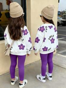 年轻女孩花卉和字母印花运动衫和紧身裤套装 - 彩色 - 查看 2