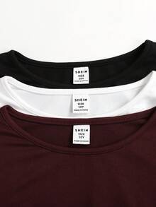 SHEIN Girlism 3pcs/Set Tween Girls' Fitted Casual Solid Color Round Neck Ruched Long Sleeve T-Shirts - Burgundy - View 3