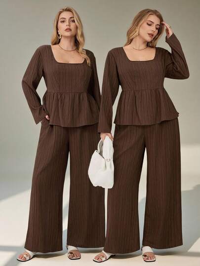 Auralis 棕色方领束腰喇叭下摆长袖上衣和宽松直筒裤/大码休闲度假日常装/大码两件套