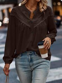 SHEIN LUNE Blouse mode femme grande taille col V manches longues en couleur unie avec patchwork en dentelle et boutonnage simple - Marron - Voir 3