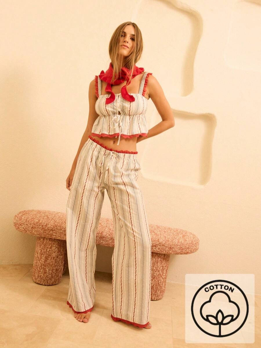 Aralina Damen gestreifter Taillenbindung Rüschen Saum Top und Hose Pyjama Set