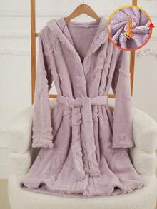 Girls' Pink Minimalist Chic Bow Floral Plush Long Sleeve Robe, Casual Sleepwear For Winter Home Scenes, Warm Throughout The Winter