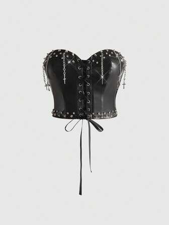 Grunge Punk Top ajustado de estilo punk con diseño de colgante de cruz con remaches metálicos y rhinestones