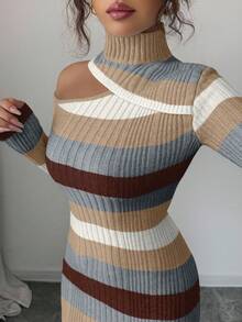 Elenzga Váy ôm sát midi hở vai ombre thanh lịch, thu/đông - Màu Khaki - Xem 7