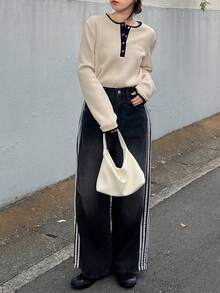 FRIFUL 女士宽松圆领半拉链撞色袖口和门襟华夫格纹理休闲T恤