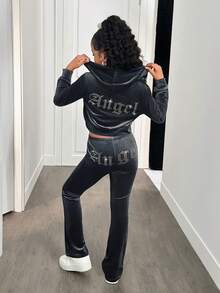 SHEIN 青少年女孩天鹅绒水钻拉链连帽衫上衣和修身喇叭裤休闲优雅两件套 - 灰色 - 查看 3