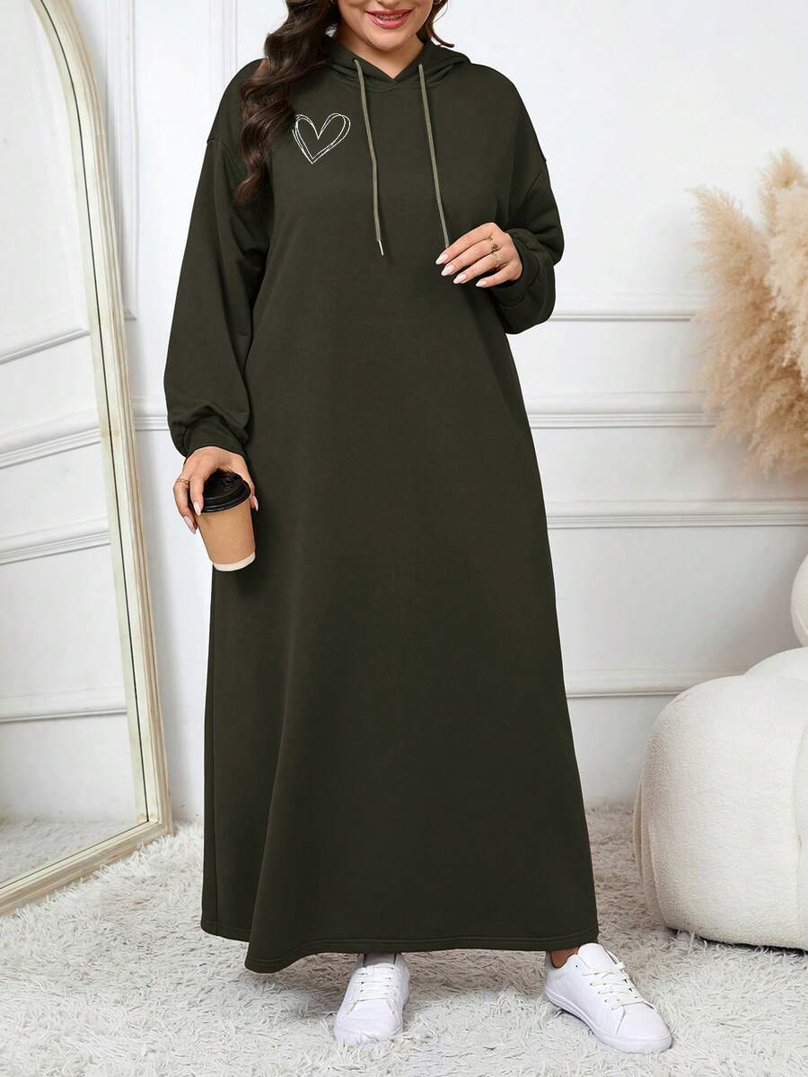 Modelyn Plus Size Drawstring Hooded Long Sleeve Casual Plain Modest Arabian Clothing Plus Size Winter Dress - Army Green - View 1
