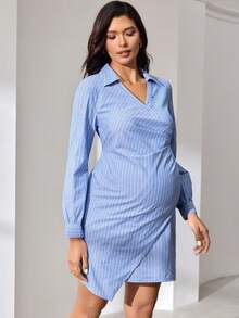 MaterniWear 孕妇休闲条纹腰部不对称下摆长袖连衣裙，秋季 - 藍色 - 查看 6