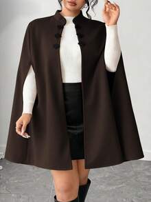 Elenzga 大码女式优雅扣领羊毛斗篷大衣 - 咖啡棕 - 查看 3