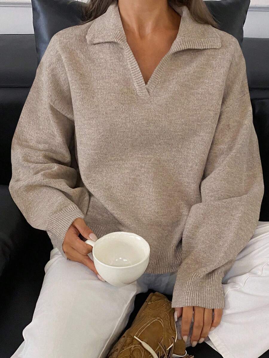 DAZY 女式宽松纯色翻领长袖套头衫休闲街头针织毛衣,秋冬 - 卡其色 - 查看 1