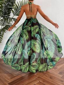 Swim Vcay Tropical Print Backless Halter Maxi Cover Up For Beach Vacation - Multicolor - View 4