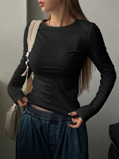 DAZY 여성 솔리드 컬러 캐주얼 긴팔 티셔츠, 가을 의류