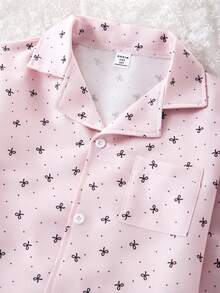2pcs/Set Cute Bow Print Pattern Long Sleeve & Long Pants Casual Comfortable Pajamas For Teenage Girls Bow Print Pajama Pink Pajama Set Button Up Pajama Set Short Sleeve Pajama Pajama Sets For Women - Baby Pink - View 6