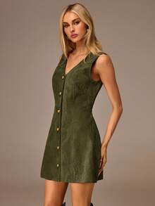 SHEIN Forever 21 女式纯色V领单排扣休闲无袖迷你连衣裙 - 軍綠色 - 查看 7