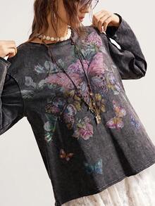 Bohemela Áo thun nữ cổ tròn tay dài dáng rộng, giặt thoải mái - màu đen - Xem 2