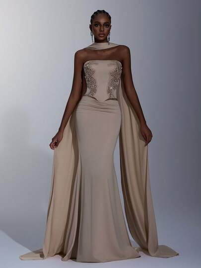 Elitara Elegantes Pailletten-besticktes Mesh-Einsatz V-Ausschnitt transparentes Langarm handgefertigtes Applikations-Mesh gerafftes Fischschwanz Maxikleid mit Oversized Mesh-Schleppe, geeignet für alle formellen Anlässe, Hochzeiten, Veranstaltungen, formelle Abendessen