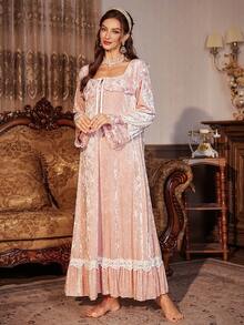 PalaceNights 女士宽松长袖睡裙，天鹅绒刺绣花卉饰边，荷叶边下摆，秋冬睡衣，宽松睡裙 - 粉色 - 查看 6