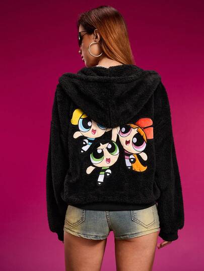 THE POWERPUFF GIRLS X SHEIN Women's Casual Everyday Commute Cartoon & Letter Embroidery Zip-Up Hooded Warm Teddy Fleece Jacket, Autumn/Winter Graphic Hoodies Women Cute Hoodies