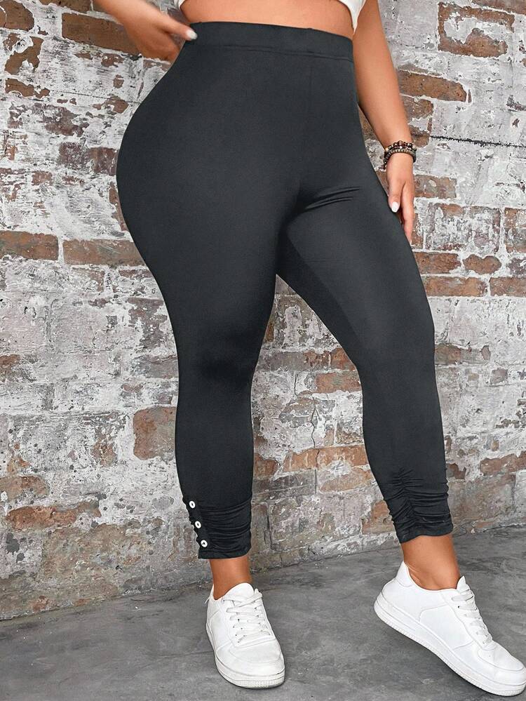 Plus Size Women Solid Color Elastic Waist Pleated Button Design Casual Leggings