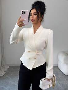 Elenzga Damen elegante asymmetrische Saum figurbetonte kurze Bluse mit Kreuzausschnitt, geeignet für den Arbeitsweg, Urlaub, Nachmittagstee - Aprikosenfarben - Übersicht 5