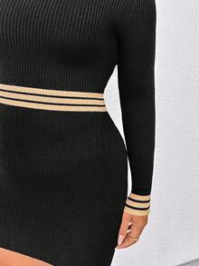 SHEIN PETITE CURVE Gaun Rajut Pas Badan Motif Garis-Garis Blok Warna Kasual Musim Gugur Ukuran Plus - MultiWarna - View 5