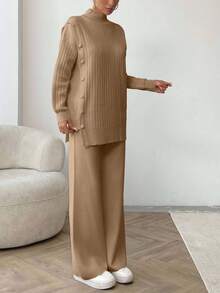 EURMUSE Women Solid Color Button Detailed Mock Neck Drop Shoulder Pullover & Sweater Pants Set,Petite,Winter Clothes - Unta - View 7