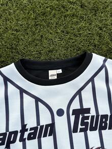 Captain Tsubasa X SHEIN Tween Boys' Cool Sports Football Graphic Striped Contrast Color Patchwork Number Oversized Drop Shoulder Sweatshirt Y2k Sweat Shirts Kids Baseball Clothes Kids