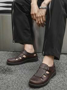 Sandalias de hombre transpirable costura reforzada punta cerrada suela baja estilo casual verano - Marrón - Ver 1