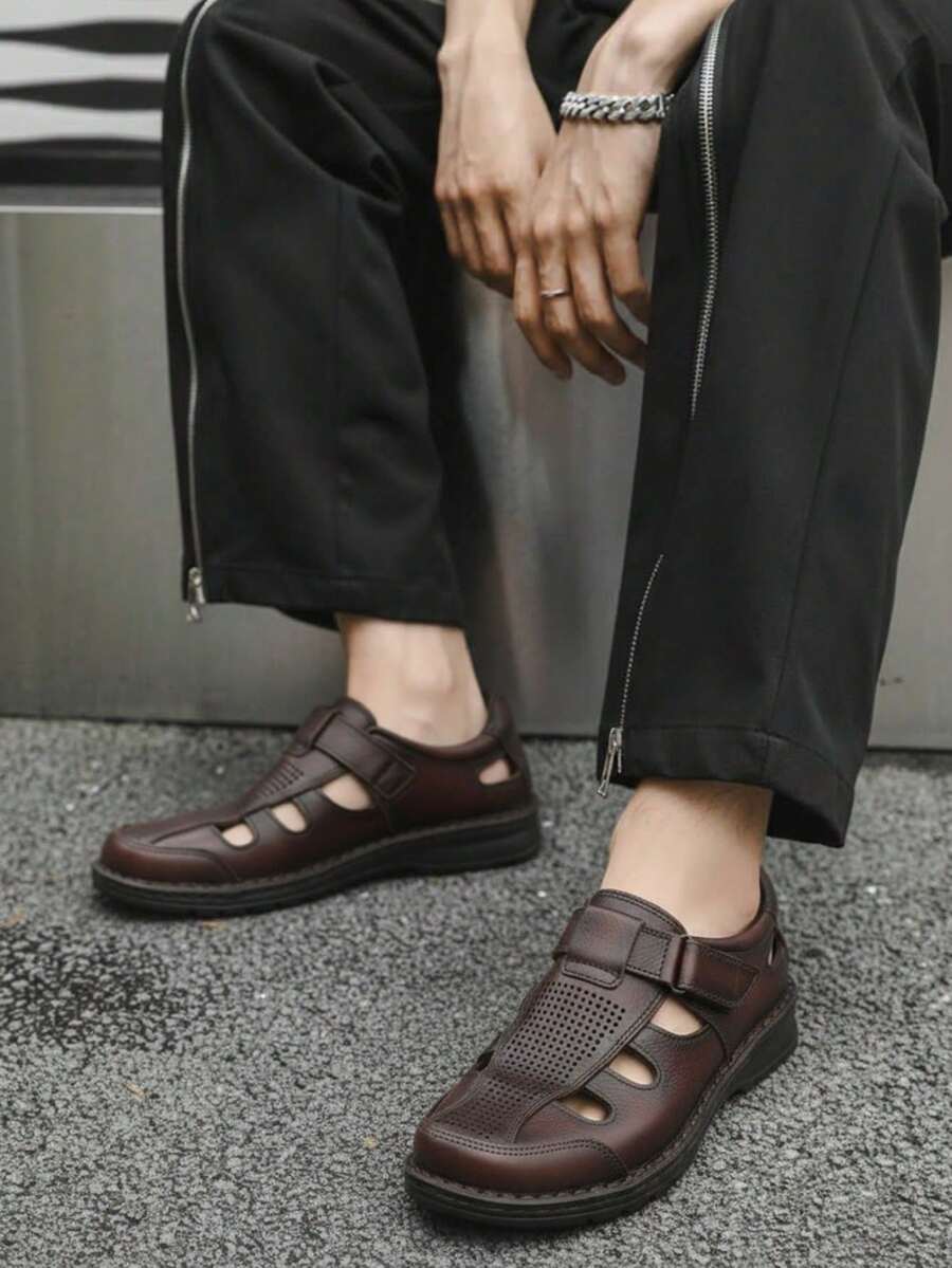 Sandalias de hombre transpirable costura reforzada punta cerrada suela baja estilo casual verano - Marrón - Ver 1