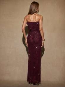 SHEIN BAE 秋冬女士鸡尾酒会夜店装酒红色露肩无袖水钻闪光奢华美人鱼下摆连衣裙，适合鸡尾酒会、浪漫约会、秋冬打底连衣裙、聚会、正式活动、万圣节连衣裙、圣诞节连衣裙 - 酒紅色 - 查看 2